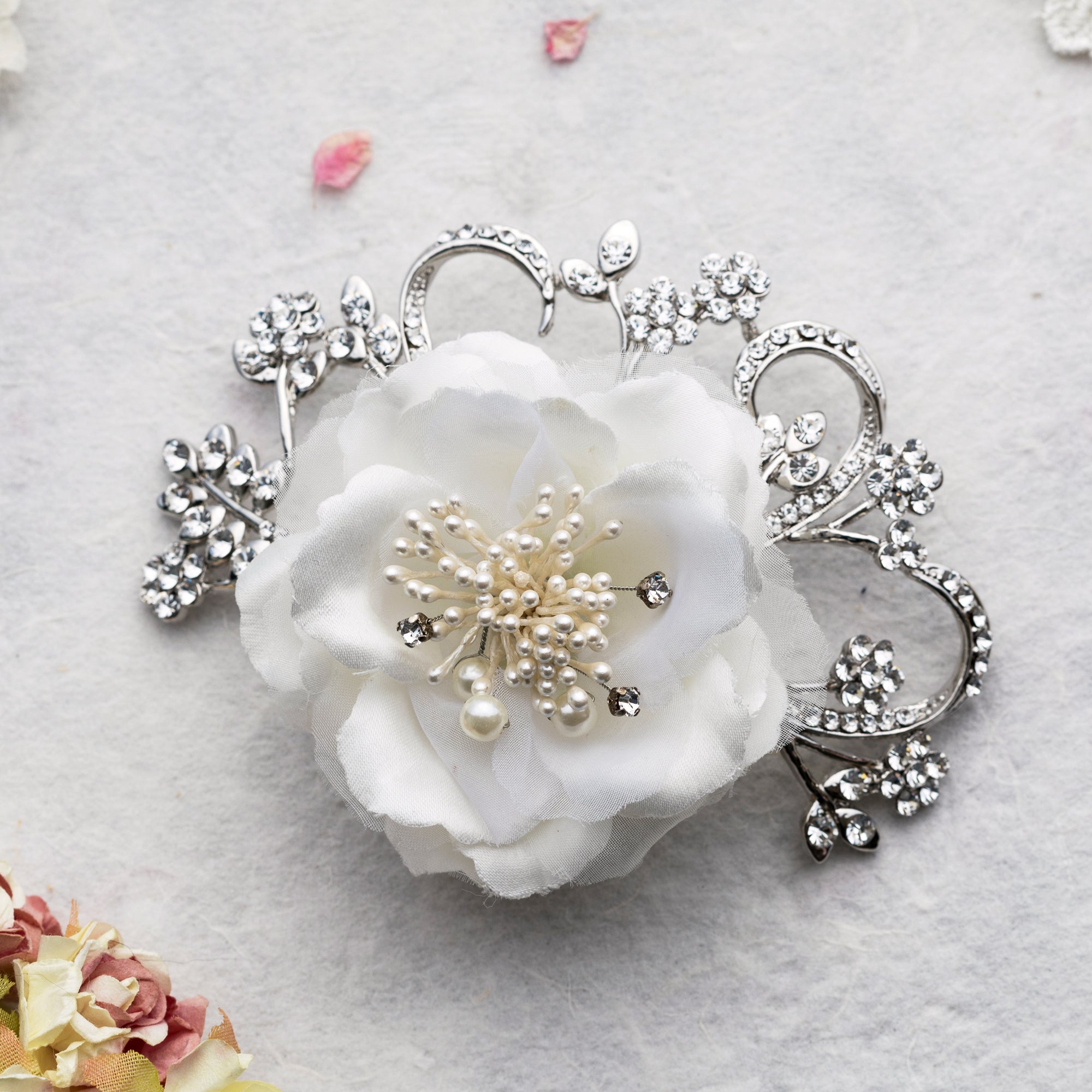 Maud fabric and silver hairpiece