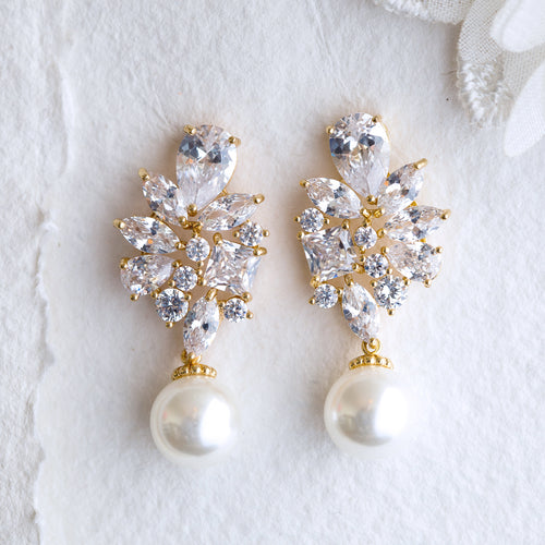 Adela crystal and pearl gold earrings