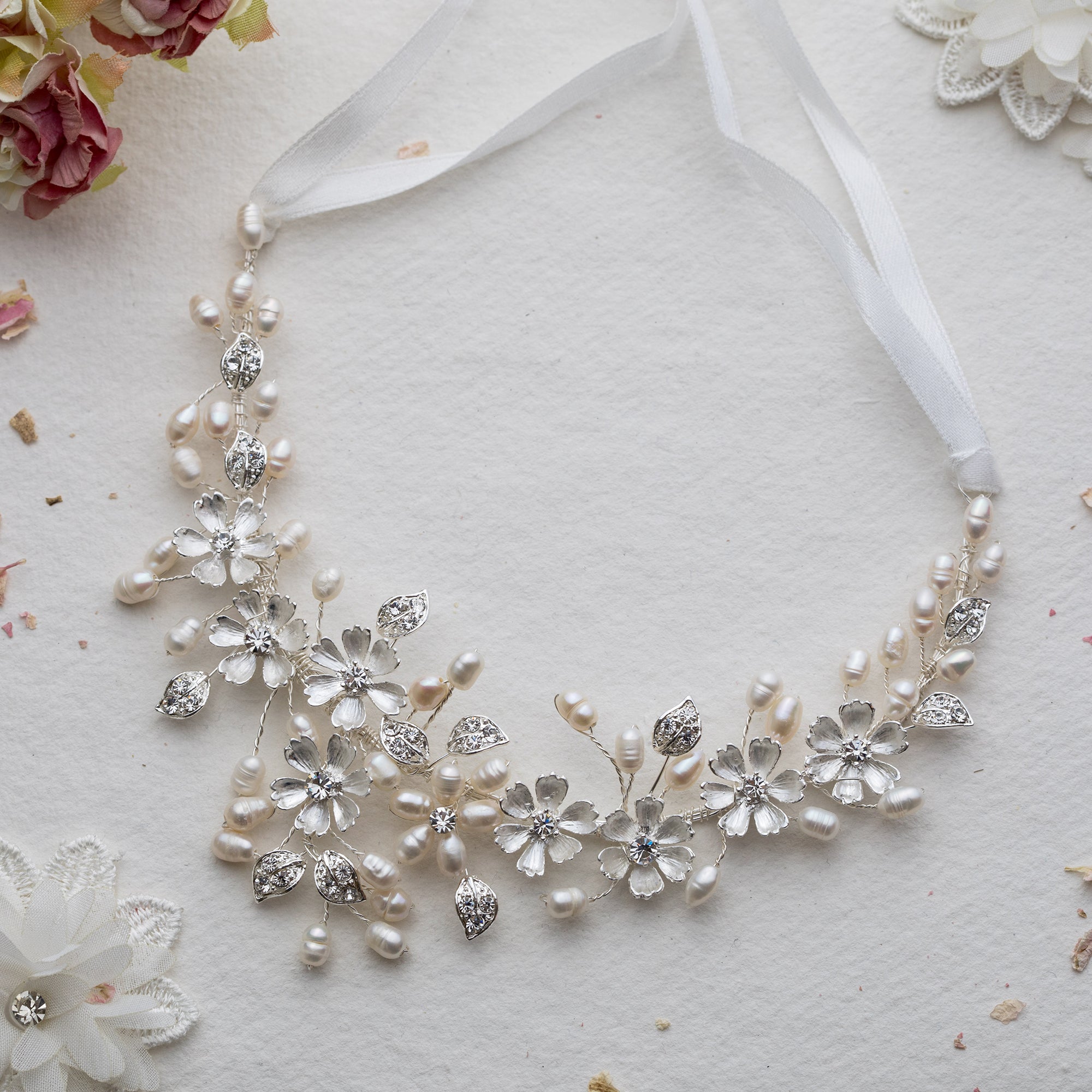 Aditi crystal and pearl silver hairvine