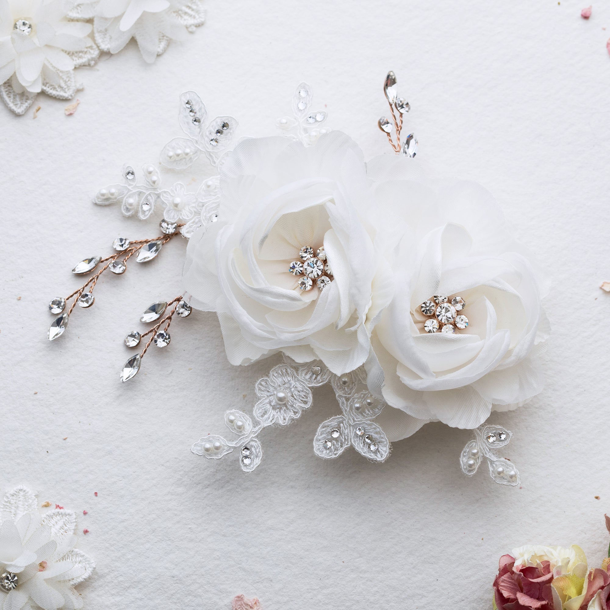 Blossom rose gold fabric and crystal hairpiece