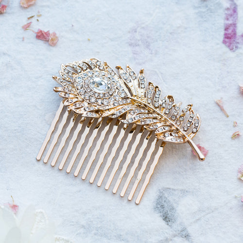 Carla crystal gold feather hair comb