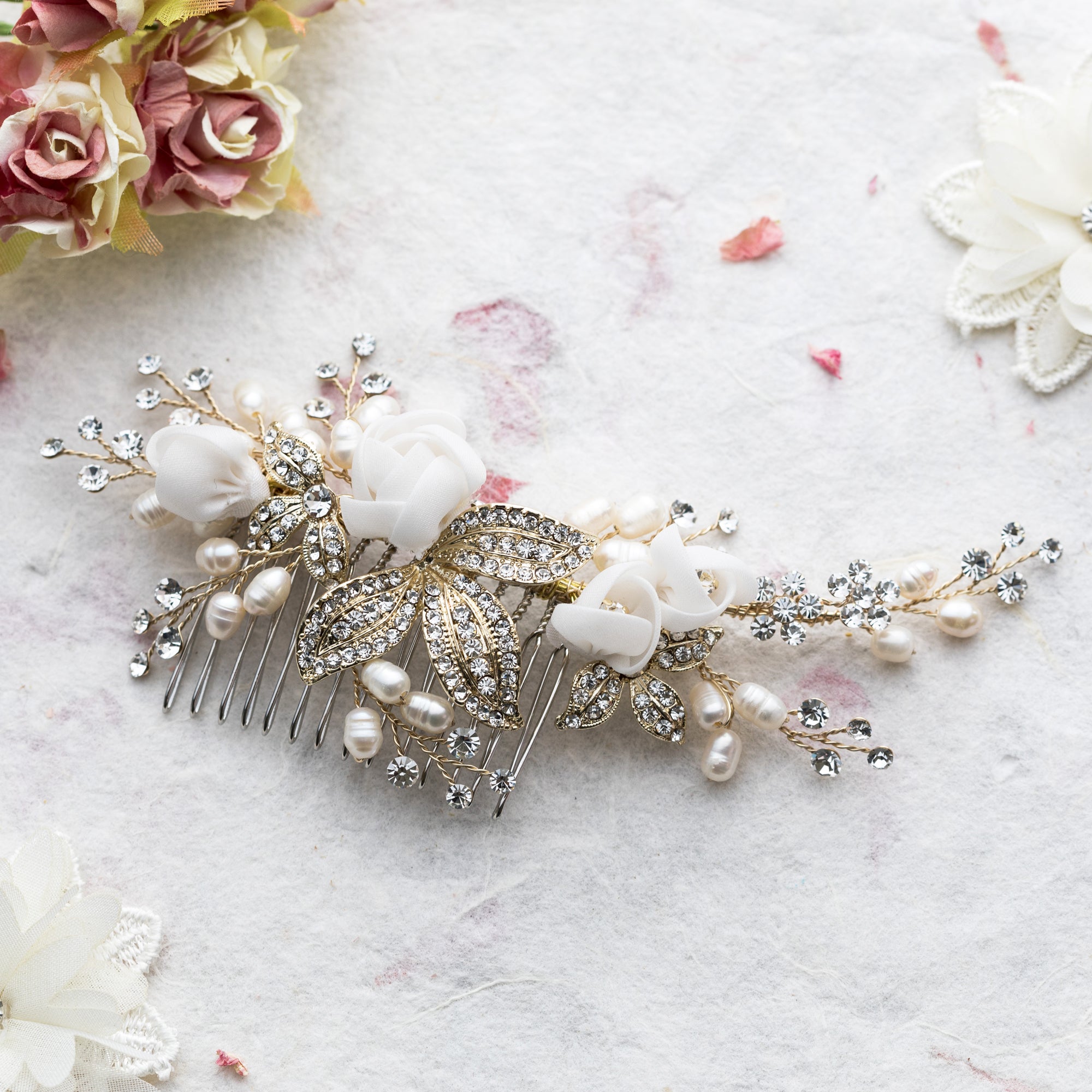 Freya pearl and silk flowers gold hair comb