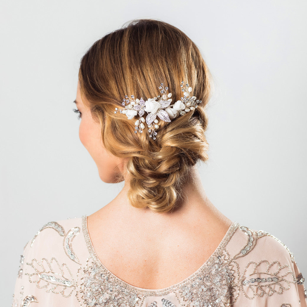 Freya pearl and silk flowers silver hair comb