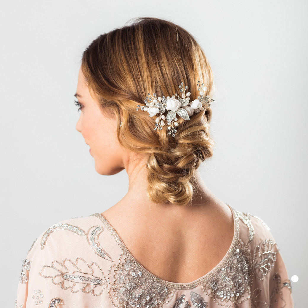 Freya pearl and silk flowers silver hair comb