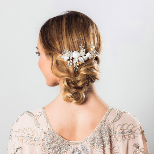 Freya pearl and silk flowers silver hair comb