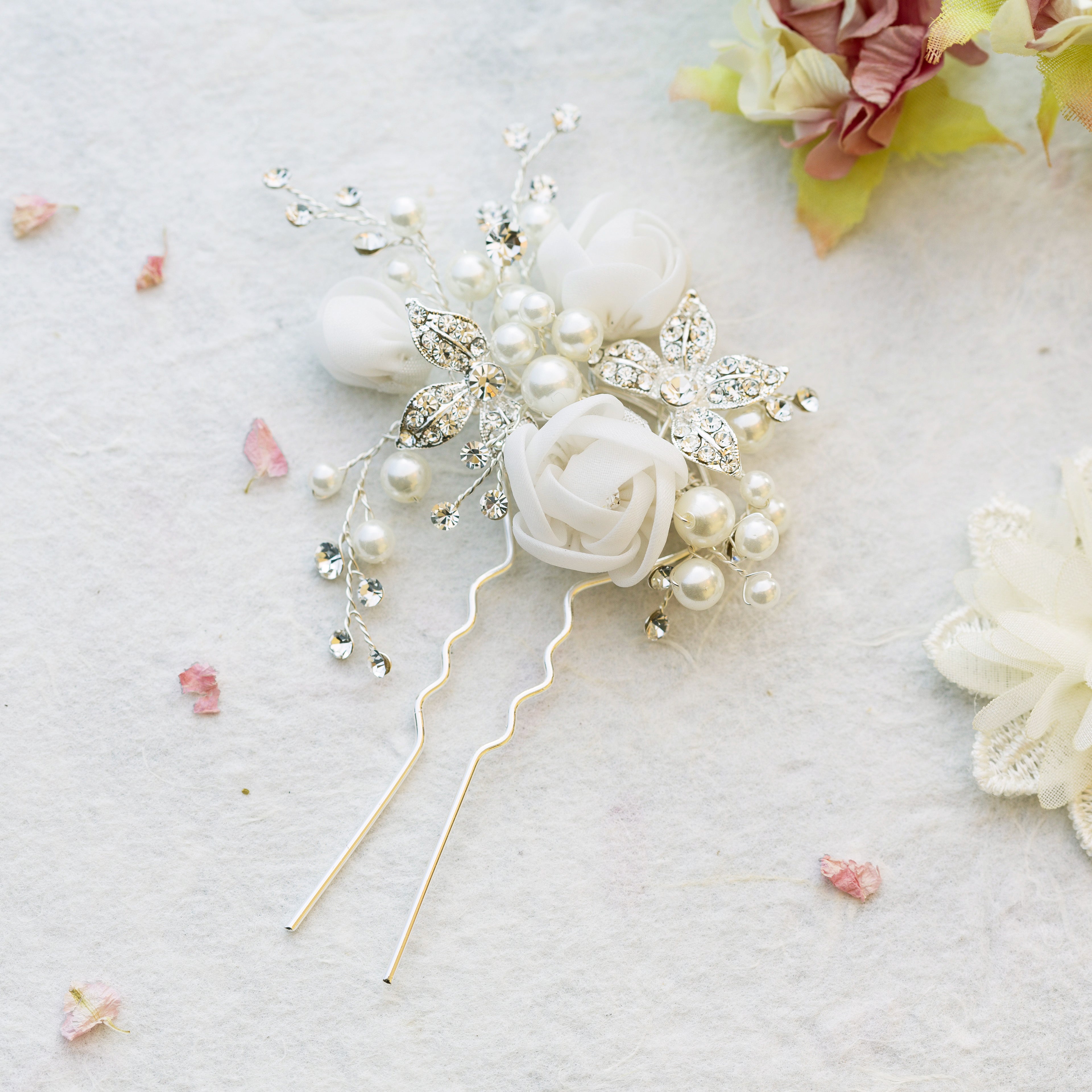 Freya pearl and silk flowers silver hair pin