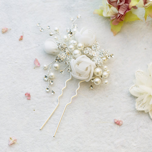Freya pearl and silk flowers silver hair pin