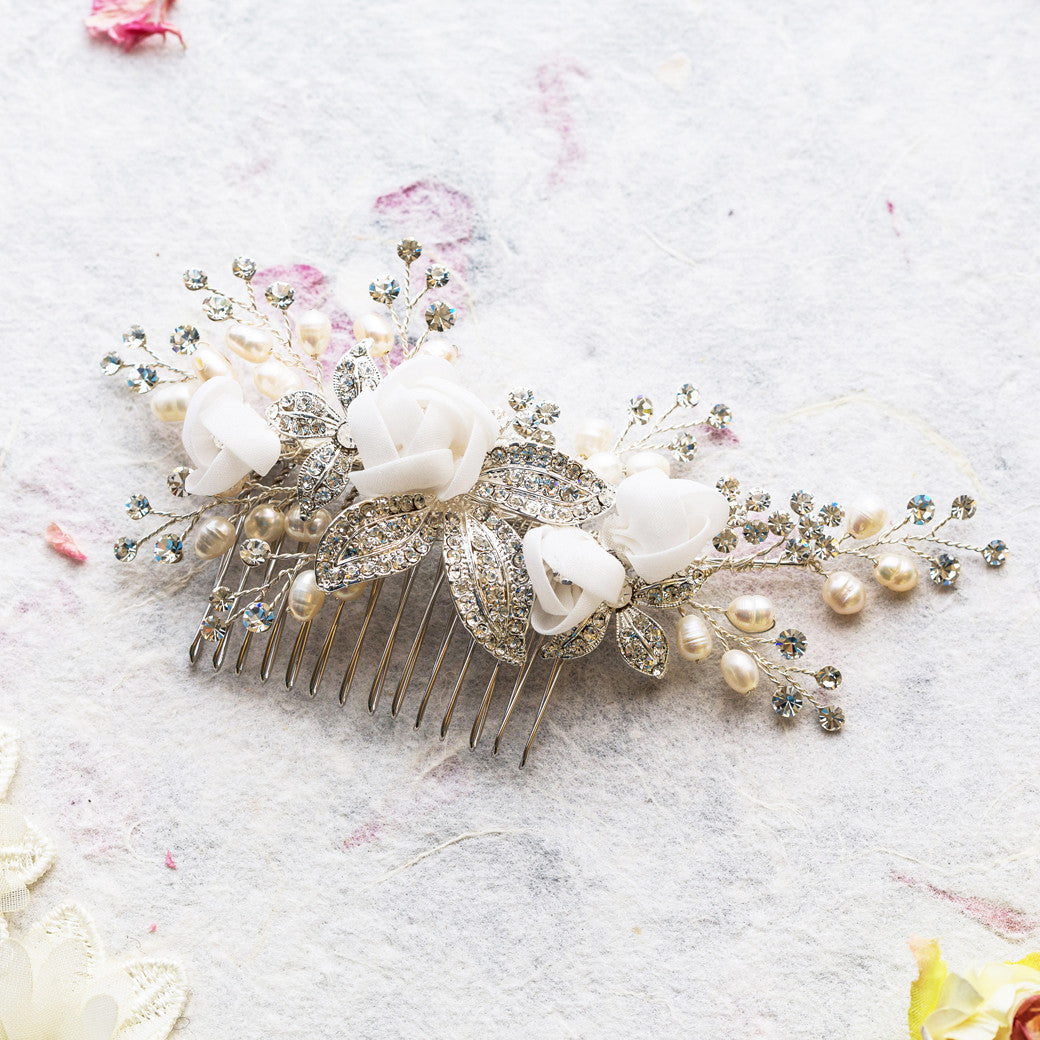Freya pearl and silk flowers silver hair comb