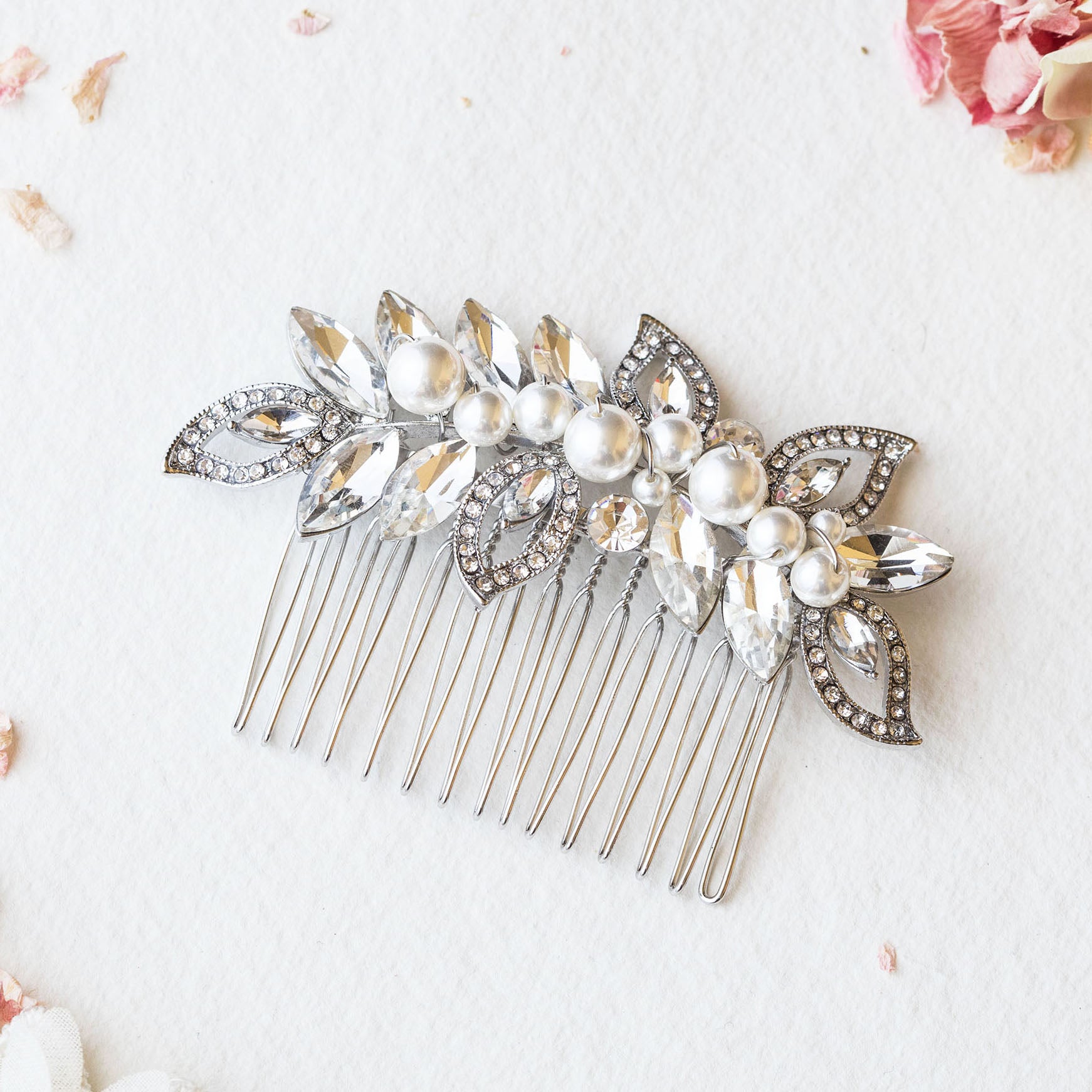 Helena silver crystal and pearl hair comb