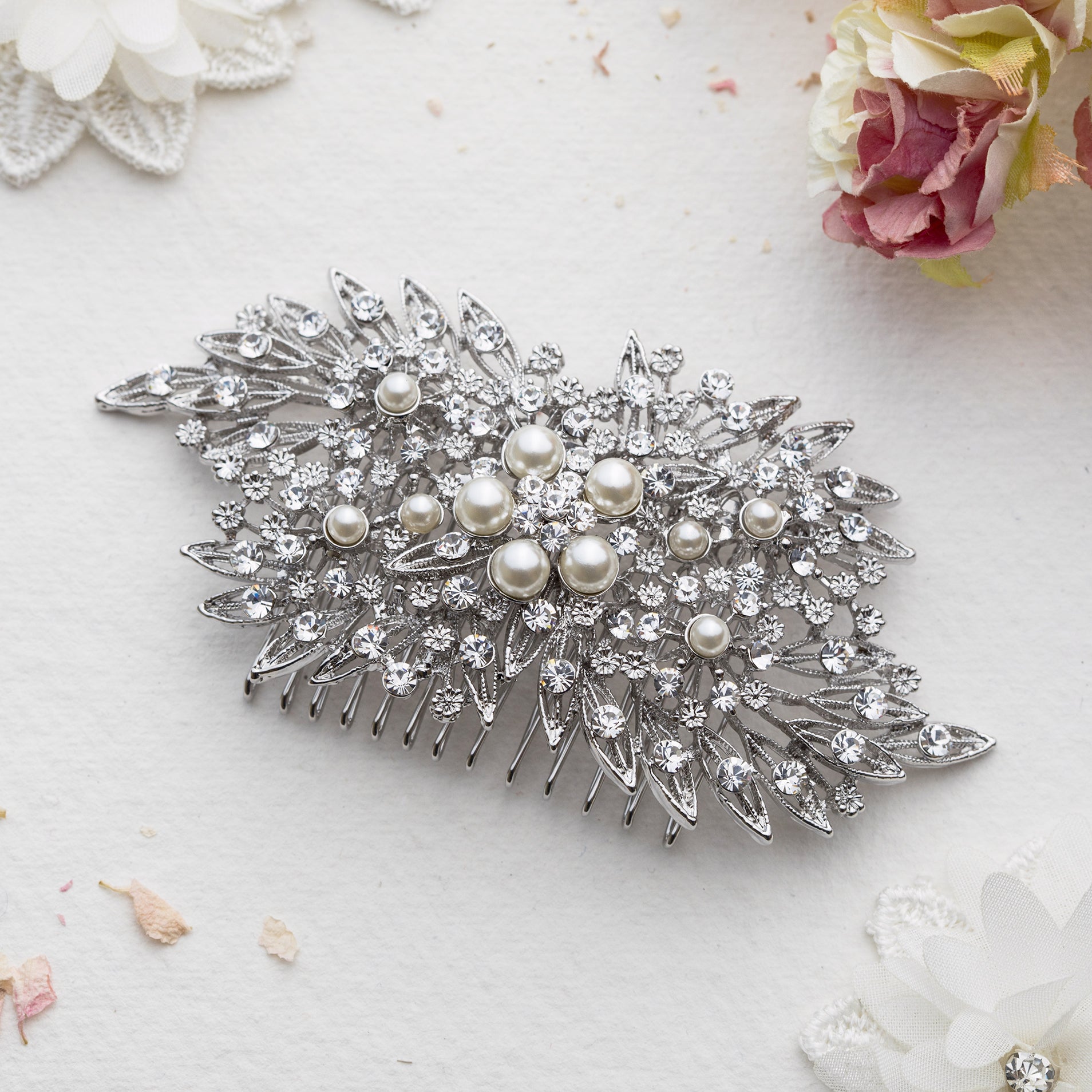 Jennifer crystal and pearl silver hair comb