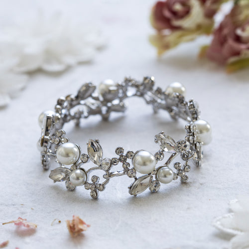 Joenie pearl and crystal statement bracelet