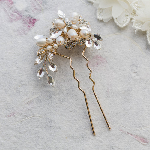 Marcia pearl and crystal gold hair pin