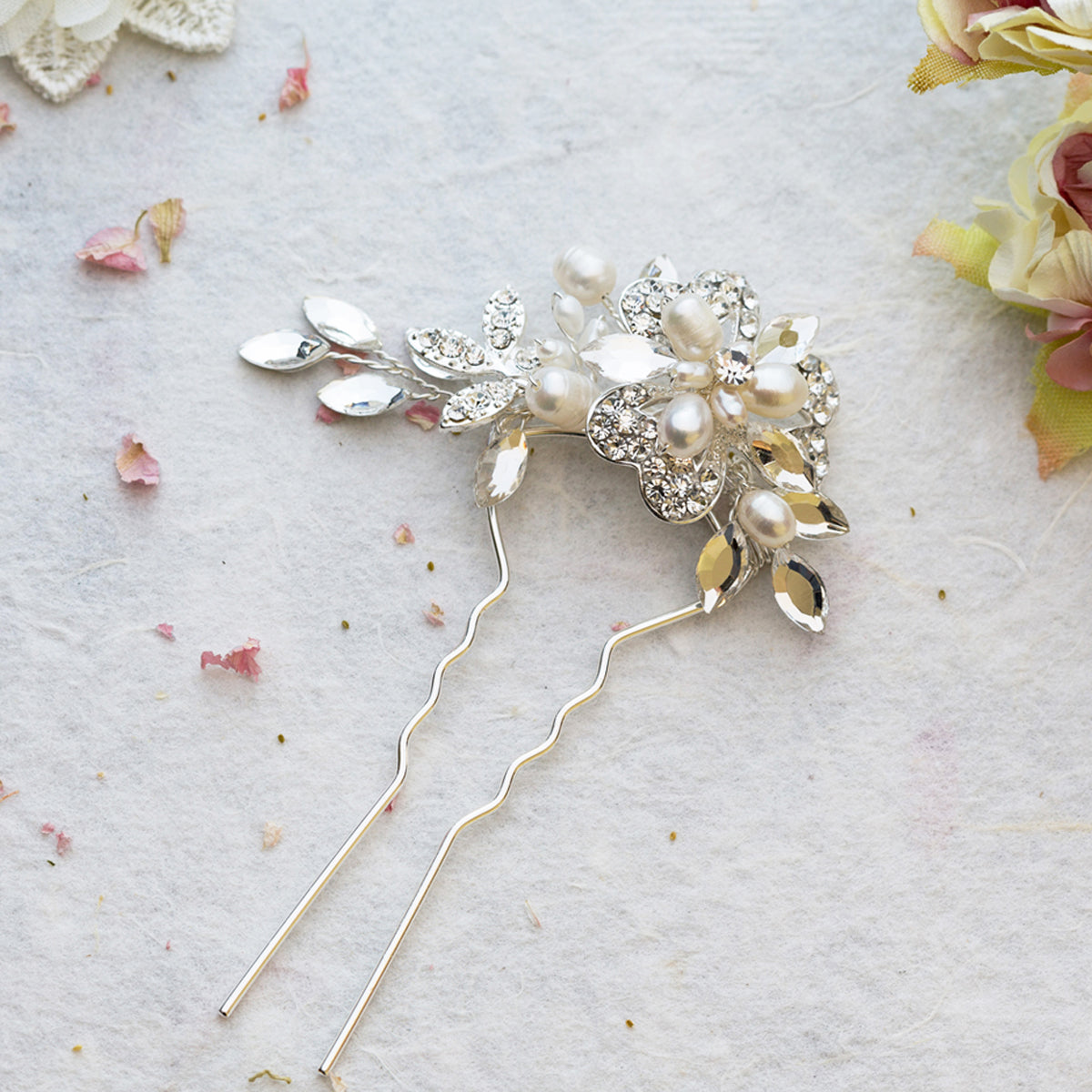 Marcia pearl and crystal gold hair pin