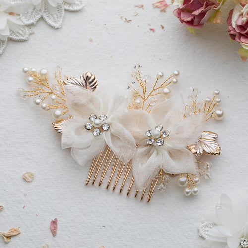 Mette silk flower gold hair comb