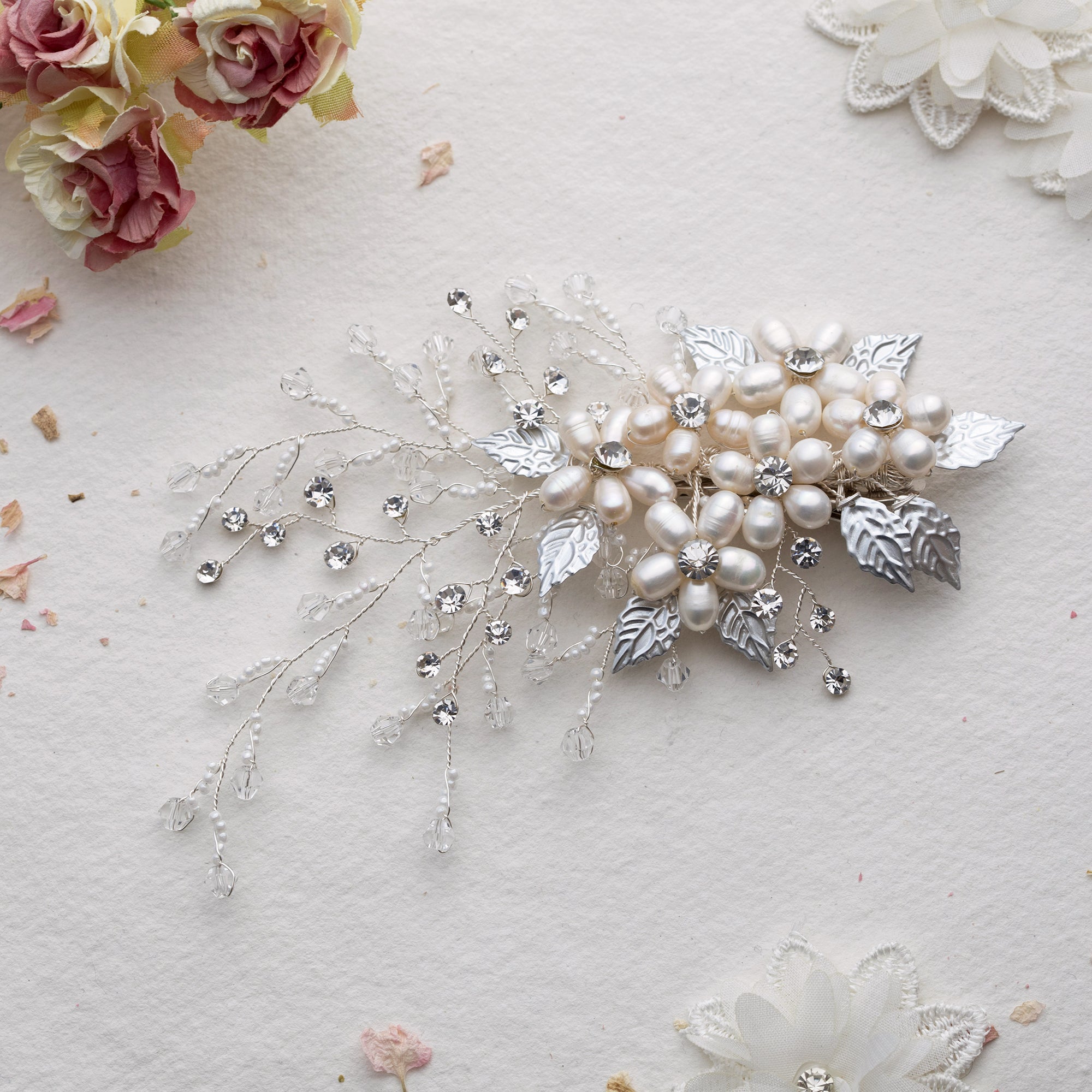Rikka crystal and pearl silver hair clip