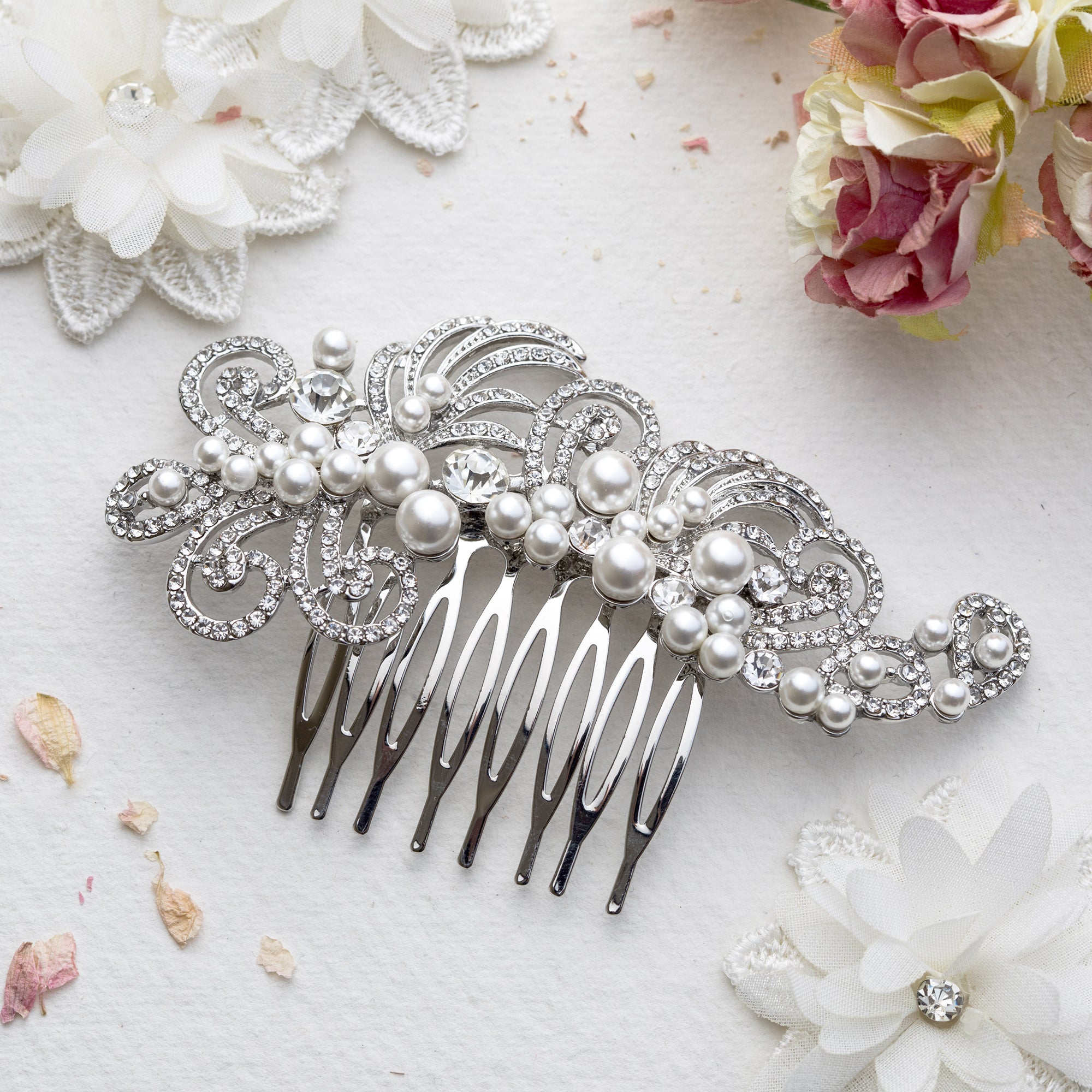 Violeta crystal and pearl silver hair comb