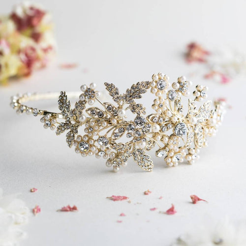 Rosalie pearl and crystal gold hairband