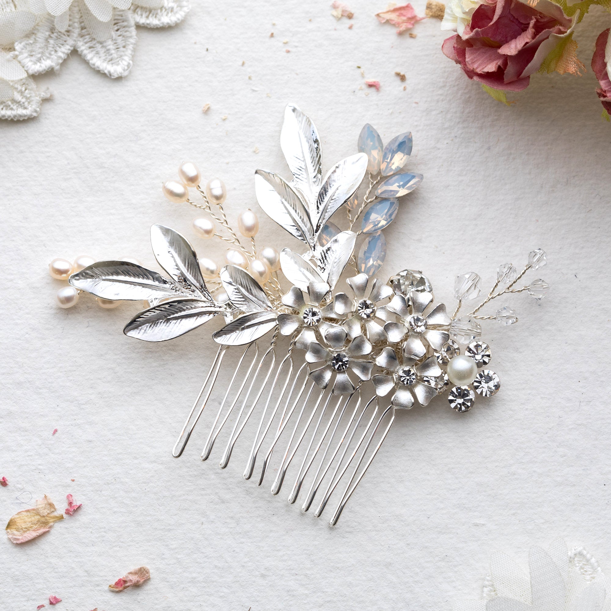Amal flower silver hairpiece