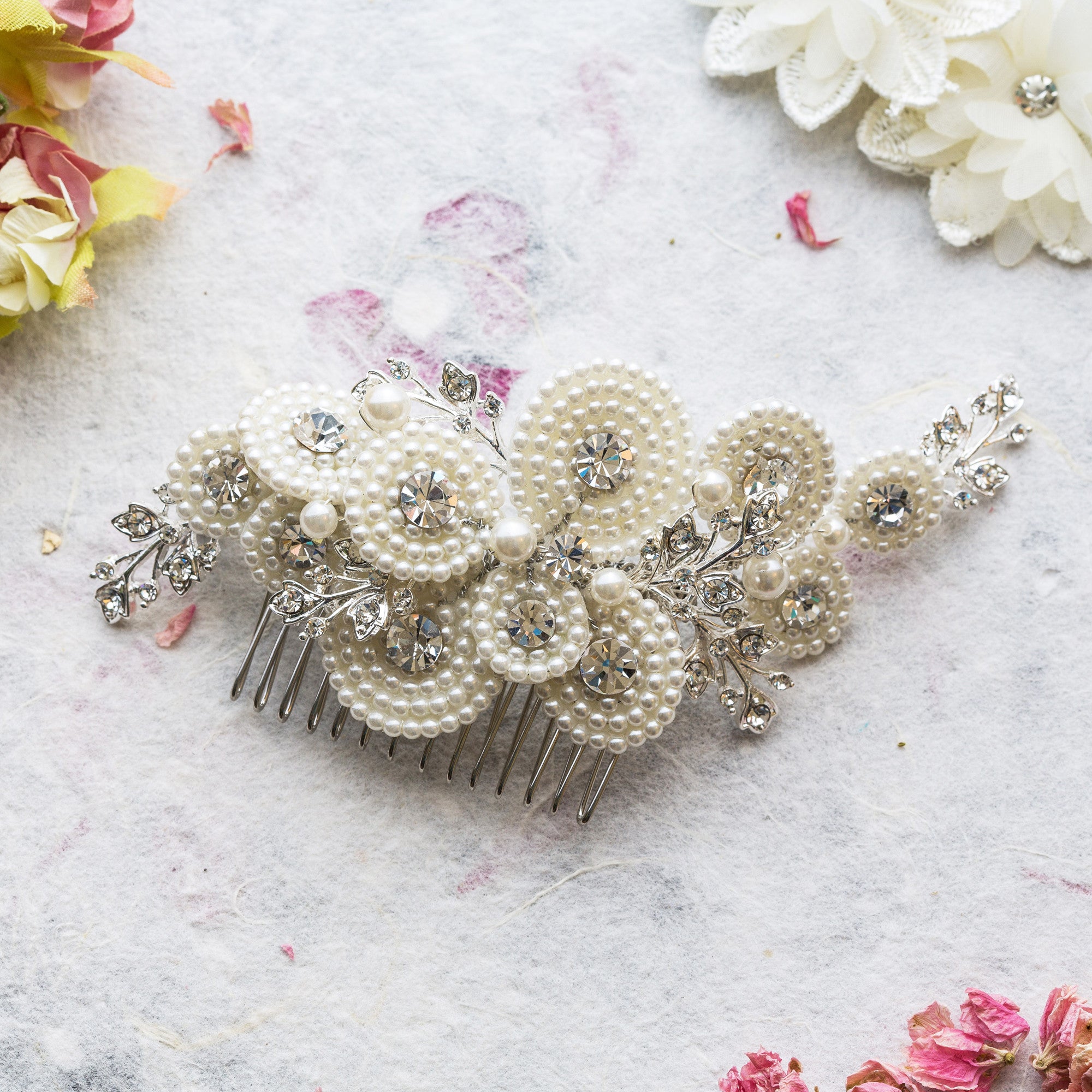 Amelia pearl and crystal silver hair comb