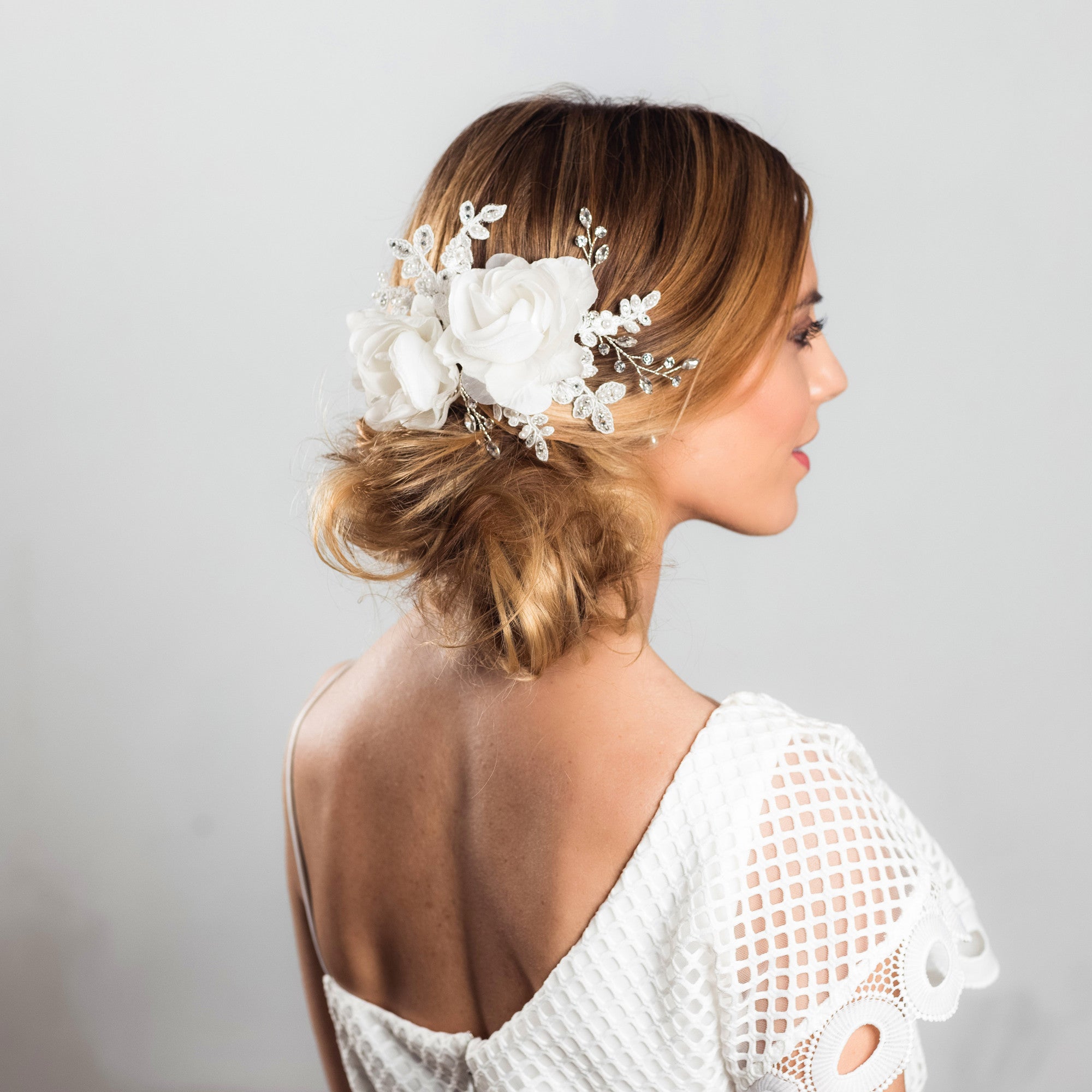 Blossom rose gold fabric and crystal hairpiece