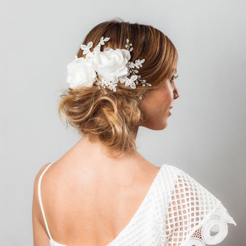 Blossom fabric and crystal hairpiece