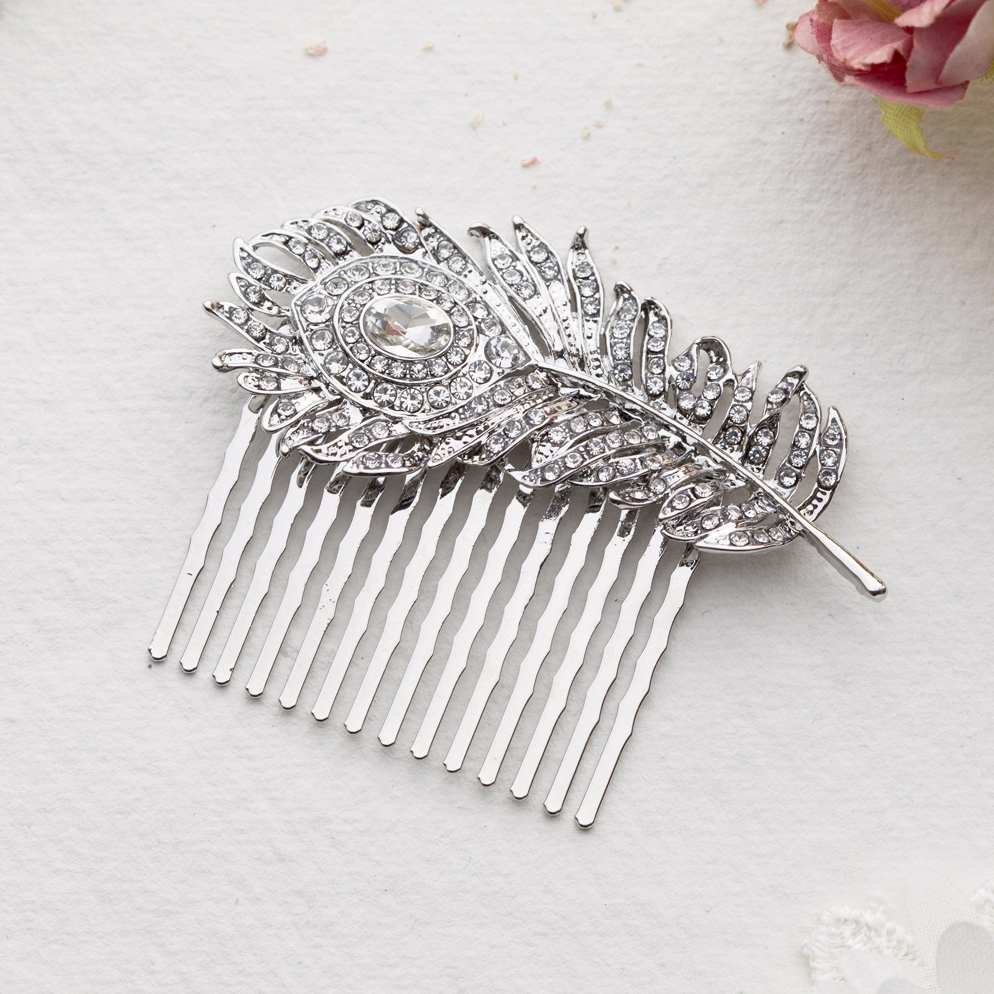 Carla crystal silver feather hair comb