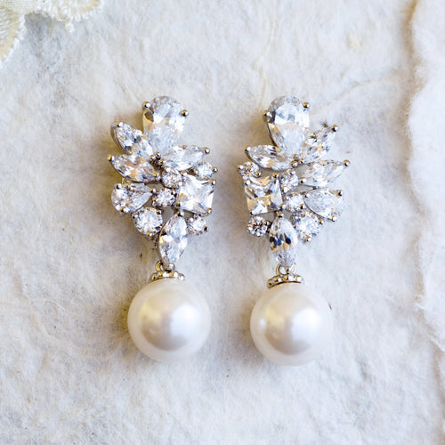 Adela crystal and pearl silver earrings