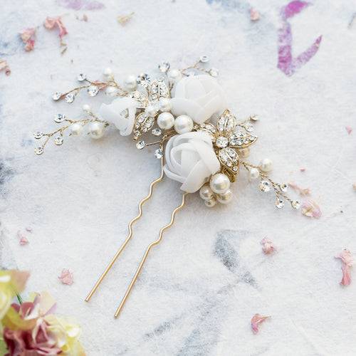 Freya pearl and silk flowers gold hair pin