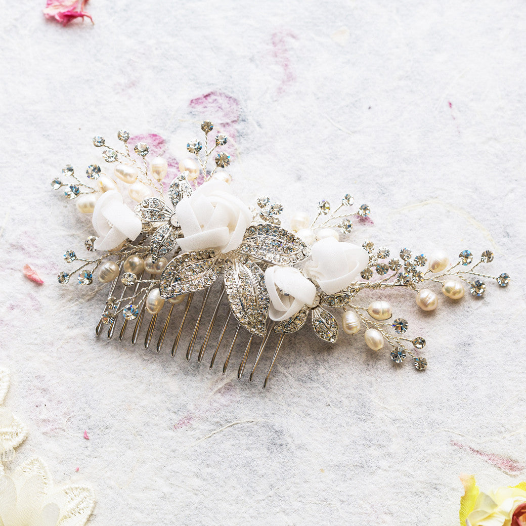 Freya pearl and silk flowers gold hair comb