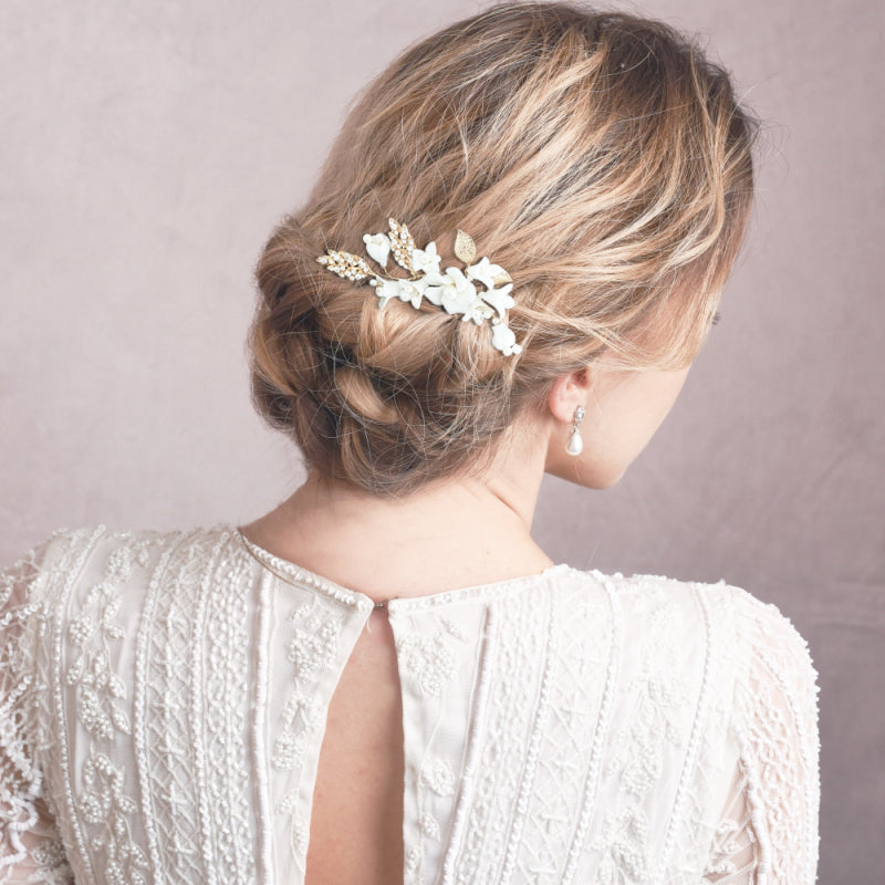 Halle pearl and silk flowers gold hair pin