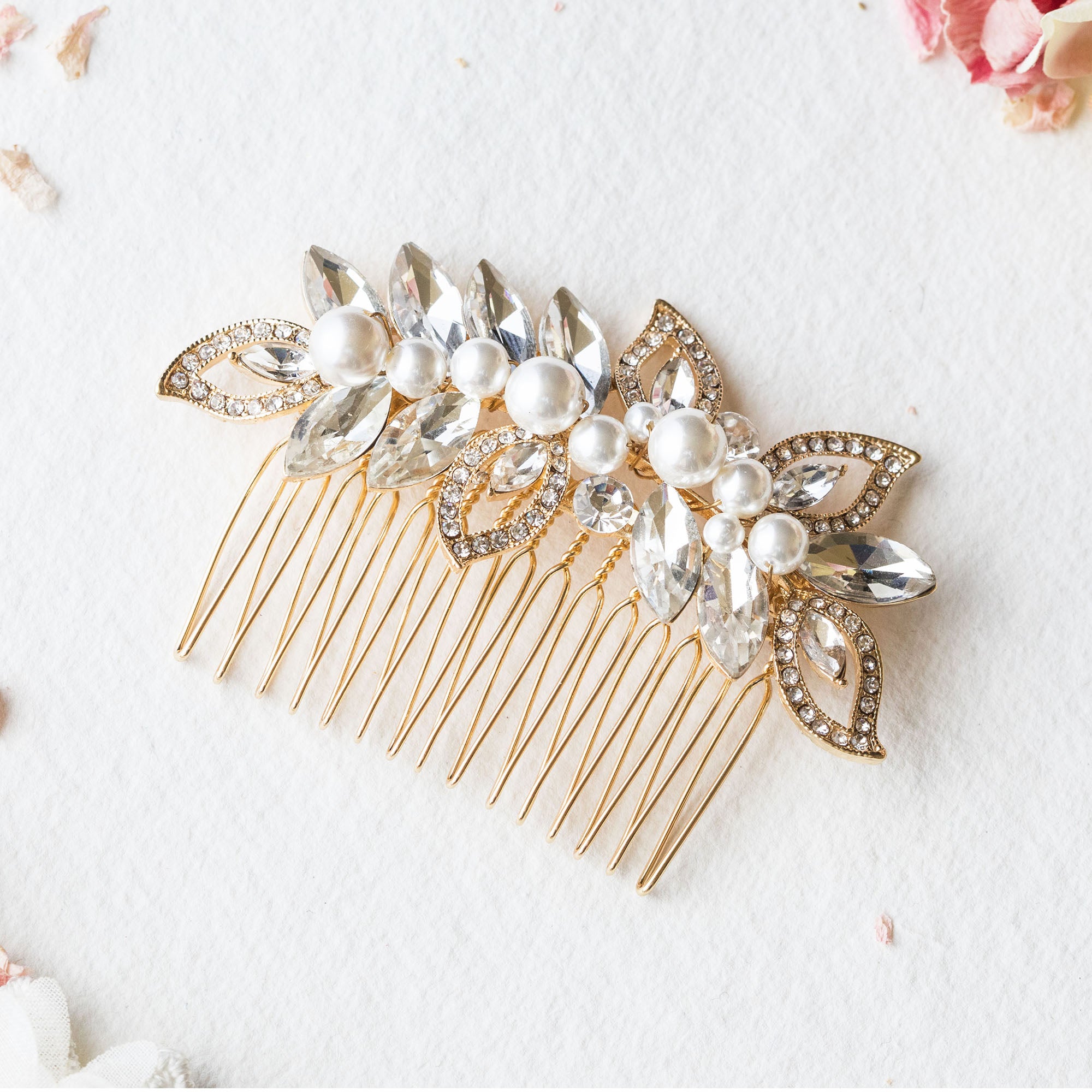 Helena gold crystal and pearl hair comb