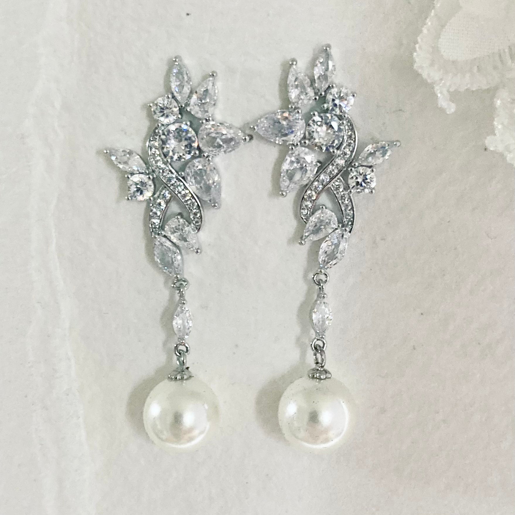 India crystal and pearl silver tone earrings